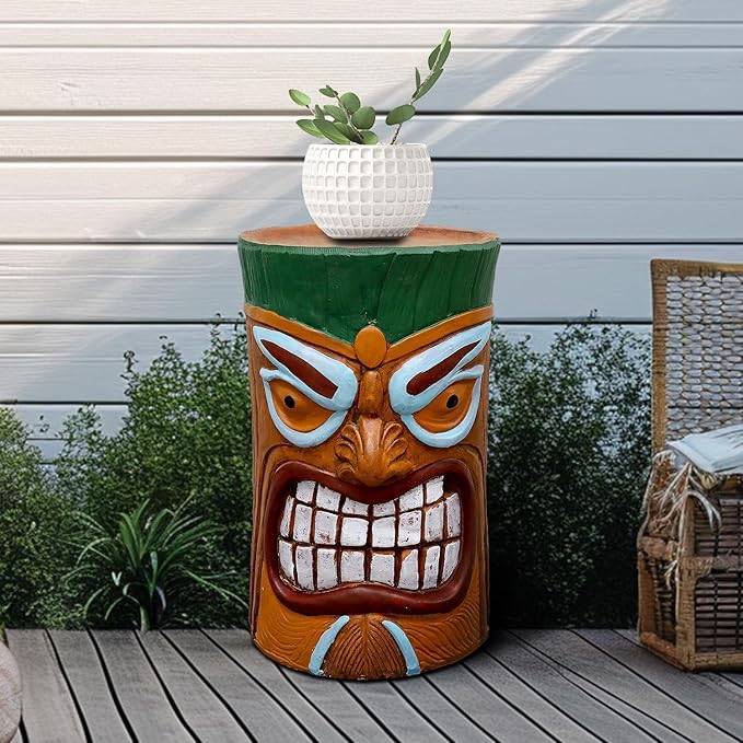 SKYFIRE Large Tiki Statue - 20”H Tiki Bar Side Tables Outdoor Decor for Garden, Patio, Backyard, Lawn and Office -Concrete The Grand Tiki Face Kanaloa Teeth Stool End Table for House Decor