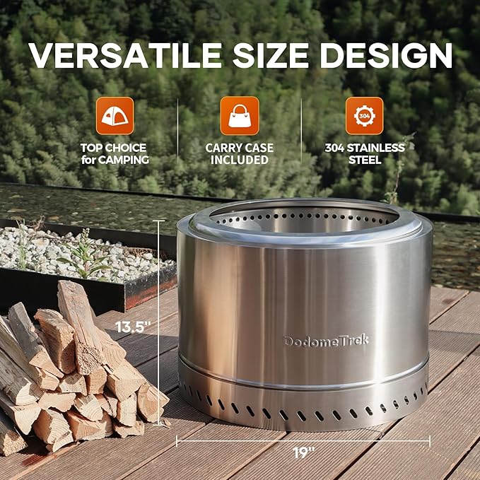 Smokeless Fire Pit with Travel Bag, Portable Outdoor Wood Burning Fireplace, 19 Inch Stainless Steel