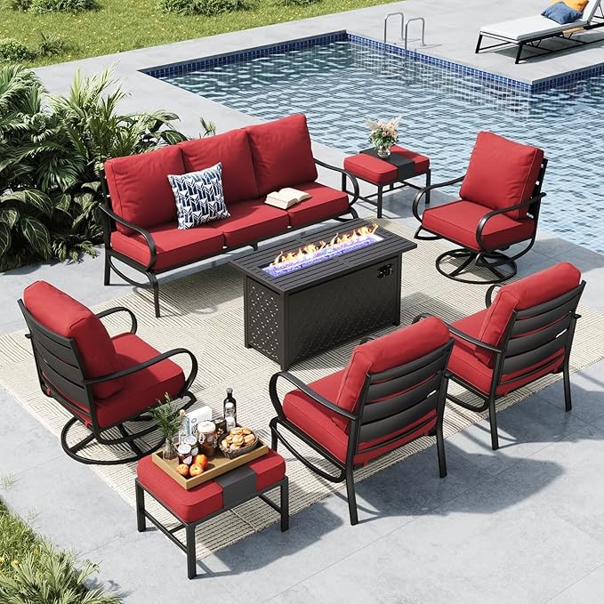 MFSTUDIO 8 Pieces Patio Furniture Sets with 45" Gas Fire Pit Table(Up to 9 Seat),Outdoor Metal Conversation Sofas with 1 x 3-Seat Sofa, 2 Single Chairs,2 Swivel Chairs and 2 Ottoman,Red Cushion