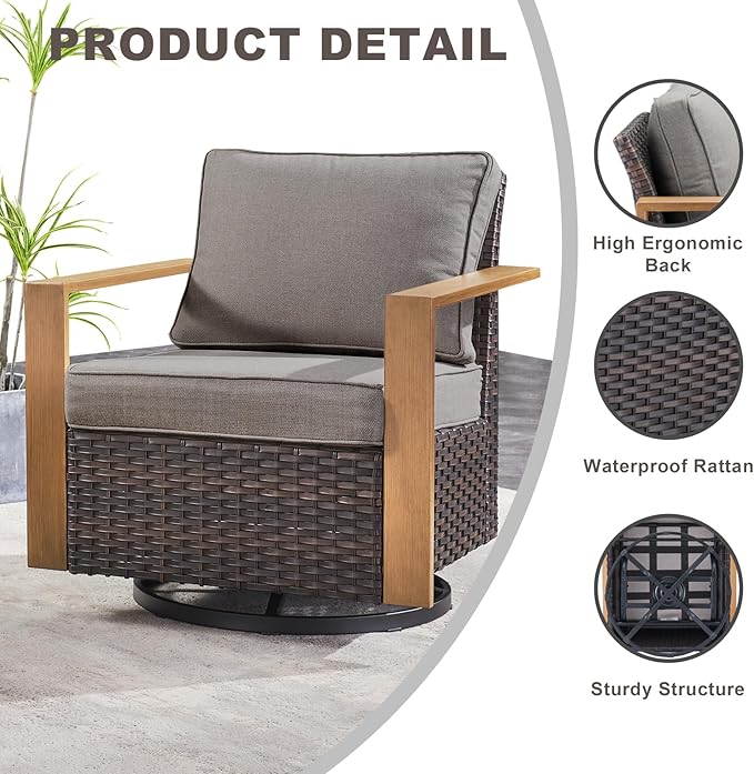 Rilyson Outdoor Wicker Patio Furniture Set - 4 Piece Patio Conversation Set with 2 Wicker Swivel Rocker Chairs,2 Rattan Ottoman, Thick Cushions, Deep Seating, Wide Armrest(Brown/Grey)