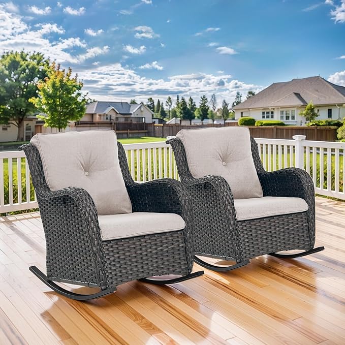 Patio Rocking Chairs Set of 2, Wicker Outdoor Rocking Chairs, Outdoor Gliders Patio Rockers for Porch, Deck, Yard, Sunroom, Garden, Brown Wicker/Beige Cushion
