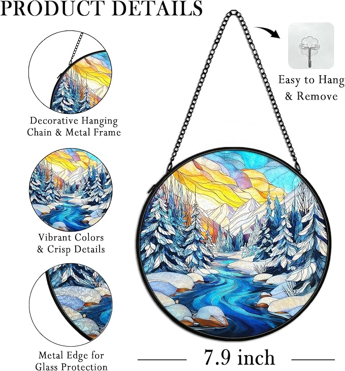 cvjutf Winter Wonderland Christmas Suncatcher Stained Glass Window Hanging Decorstions, Landscape Stained Glass Wall Decor, Winter Solstice Gifts, Forest Garden Sun Catchers Window Art, 7.9x7.9 Inch