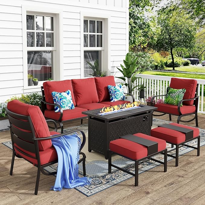 MFSTUDIO 6 Pieces Patio Furniture Sets with 45" Gas Fire Pit Table(Up to 7 Seat), Outdoor Metal Frame Patio Conversation Sofas with 1 x 3-Seat Sofa, 2 Sofa Chairs and 2 Ottoman, Burgundy Cushion