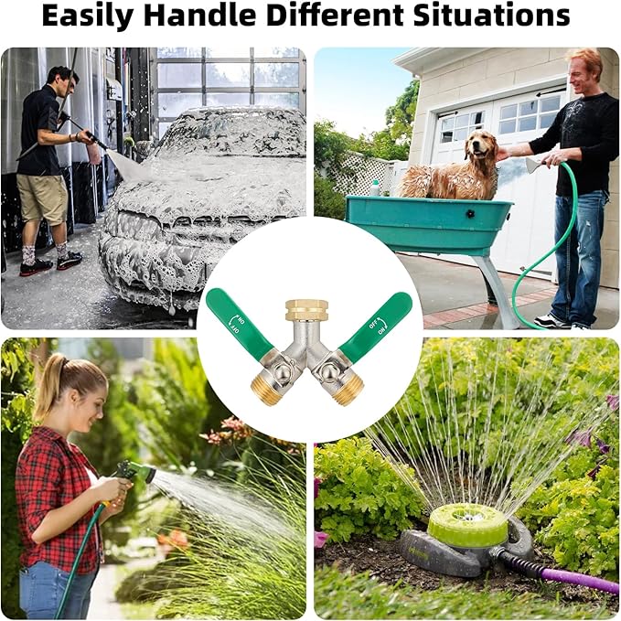 2 Way Hose Splitter, Brass High Flow Garden Hose Splitter Heavy Duty, Hose Connector, Water Spigot Splitter, Full Flow Faucet Splitter with shutoff, 3/4” GHT Inlet