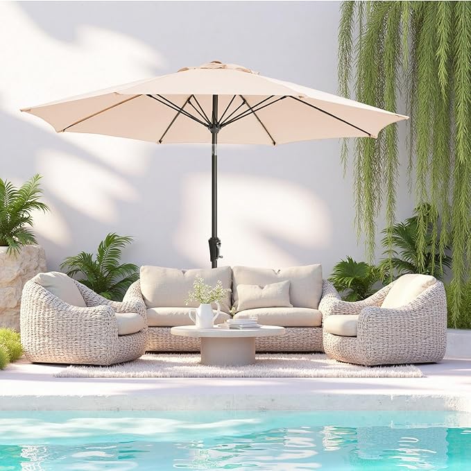 9FT Large Outdoor Patio Umbrella Market Table Umbrella-UV Resistant, Easy Push Button Tilt and Crank, 8 Sturdy Ribs Heavy-Duty Pool Umbrella for Deck,Beige
