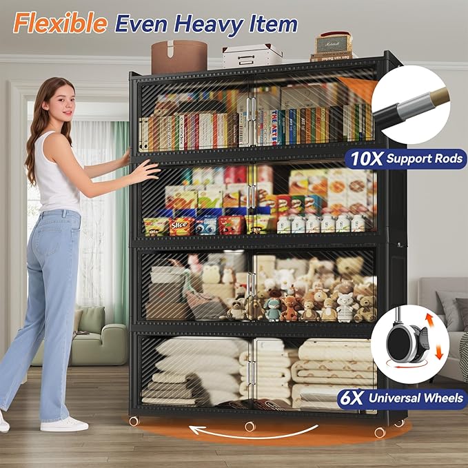 150 Gallon Extra Large Collapsible Storage Bin with Lid, 960QT Stackable Plastic Organizer with 6x Wheels, Foldable Drawer Cabinet for Closet, Living Room Office, Kitchen 3Pack, Black