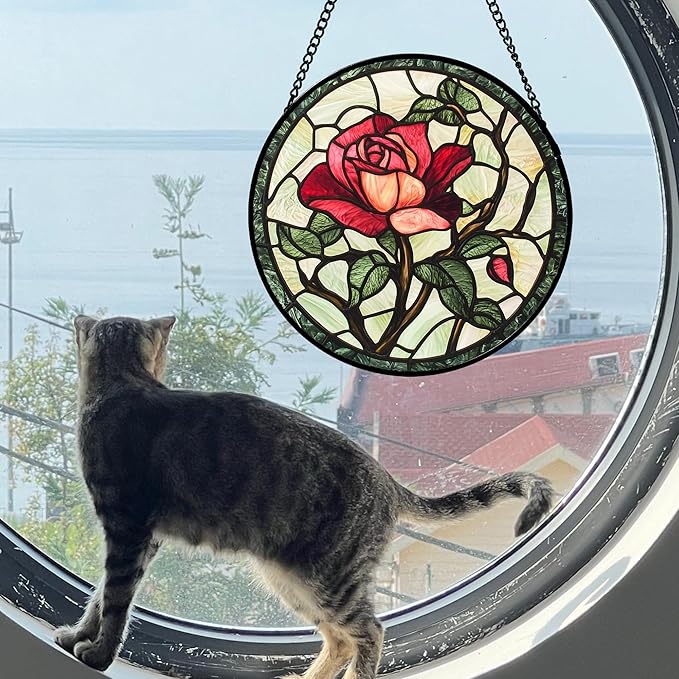 AMDERVEN Stained Glass Window Hanging, Red Rose Flowers Sun Catcher for Door Garden Home Decor Suncatcher Christmas Mother's Day Birthday Gifts for Women Lovers Men Wife Girlfriend Mom Nana 9.8 in