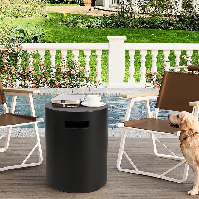 Propane Tank Cover Table Round, Outdoor Tank Covers Propane Storage Box 20 LB Modern Cover Tables with Side Handle, Concrete Hideaway Holder for Patio Backyard Deck (Black)