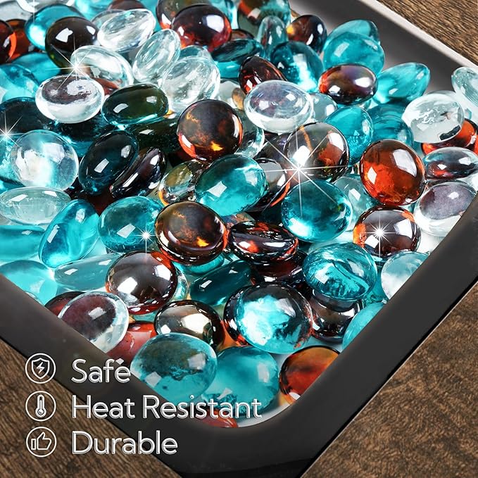 GASPRO 10 lbs Fire Pit Glass for Propane Fire Pit, 3/4 Inch Fire Glass Beads for Fireplace Fire Pit Table, Glass Rocks for Landscaping - White Blue Amber