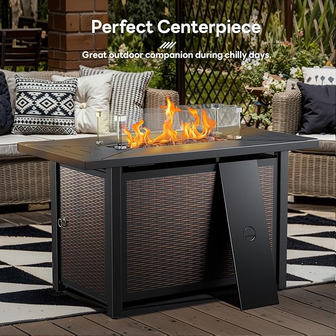 Luxury High Back Outdoor Furniture with 6-inch Extra Thick Cushions, Patio Furniture Set with Fire Pit Table & Swivel Chairs, 7 PCS Wicker Conversation Set for Patio, Yard, Deck, Poolside, Brown/Grey