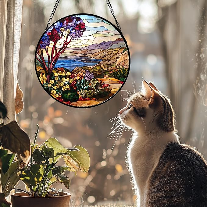 QZQCBLC Stained Glass Window Hanging Retro Wildflowers Lake Mountain Scenery 7.8" - Suncatcher Door Garden Sun Catcher Home Decor Birthday Christmas for Mom Men Woman Friend