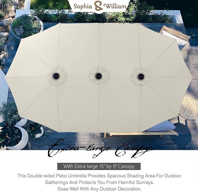 Sophia & William 15 ft Extra Large Patio Umbrella with Solar Lights, Rectangular Outdoor Umbrella with Base Included, Market Umbrella Double-sided Heavy Duty for Pool Garden Backyard, Ivory White