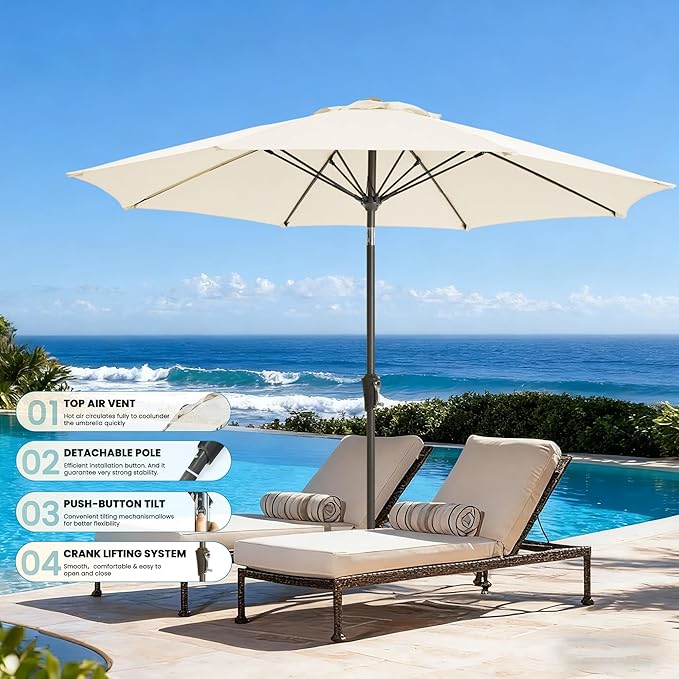 9FT Large Outdoor Patio Umbrella Market Table Umbrella-UV Resistant, Easy Push Button Tilt and Crank, 8 Sturdy Ribs Heavy-Duty Pool Umbrella for Deck, Backyard,Garden,Beige