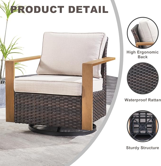 Rilyson Outdoor Wicker Patio Furniture Set - 4 Piece Patio Conversation Set with 2 Wicker Swivel Rocker Chairs,2 Rattan Ottoman, Thick Cushions, Deep Seating, Wide Armrest(Brown/Beige)