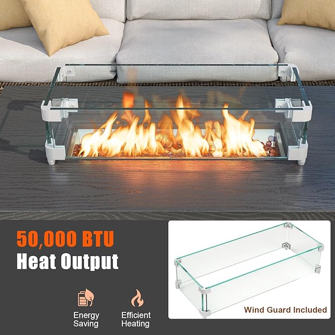 Tangkula Outdoor Propane Fire Pit Table, 42 Inch Rectangular Rattan Fire Table with Wind Guard & Glass Rocks, 50,000 BTU Smokeless Gas Fire Pit for Outside Patio (Brown)