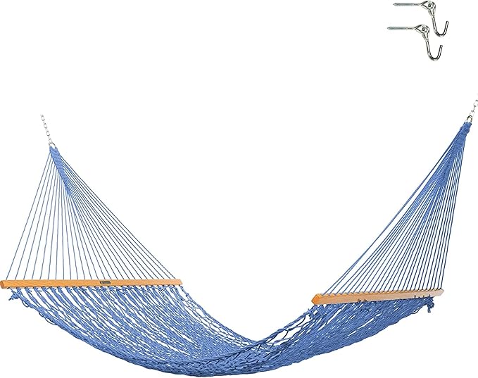Original Pawleys Island Deluxe Coastal Blue DuraCord Rope Hammock – 13 ft. x 65 in, 2-Person, 450 lb Capacity, Oak Spreader Bar, Zinc-Plated Hardware, Handcrafted in The USA