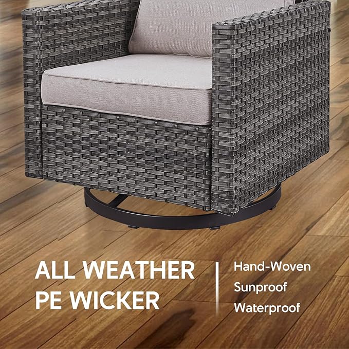 4 Piece Wicker Patio Furniture with Fire Pit Table - Outdoor Conversation Set with 50,000 BTU Fire Pit, All Weather Rattan Patio Set for Deck Backyard Garden - Grey Wicker Beige Cushion