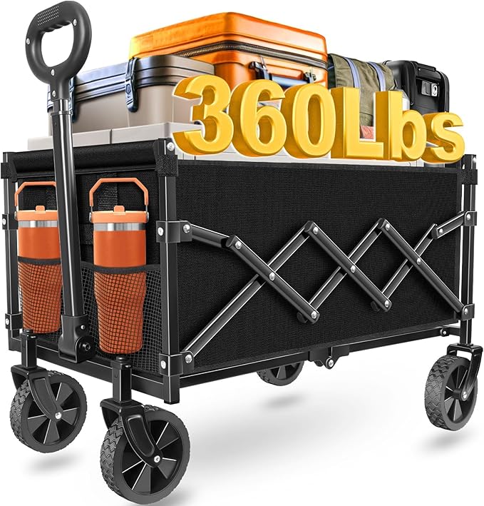 Wagons Carts Foldable, Collapsible Wagon Cart with Wheels - Beach Wagon Cart with Wheels for Sand Sports Camping Grocery, Black