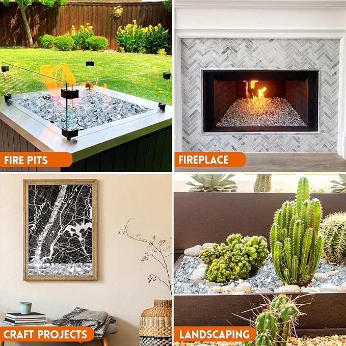 GasSaf 1/2 Inch Fire Glass Reflective Tempered Fireglass Cut Crushed FireGlass for Fire Pit, Fireplace, Replaces Existing Gas Logs & Lava Rocks (10 Pound)(Crystal Ice Reflective)