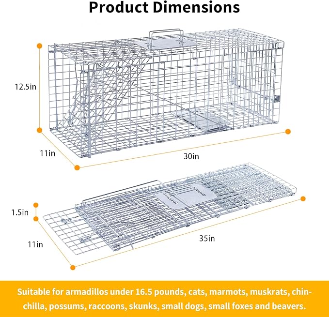 32" Live Animal Traps,Humane Animal Trap for Stray Cats up to 16.5 pounds, Raccoons, Squirrel, Skunk, Mole, Groundhog, Armadillo, Rabbit,Steel Foldable with Pedal Triggers
