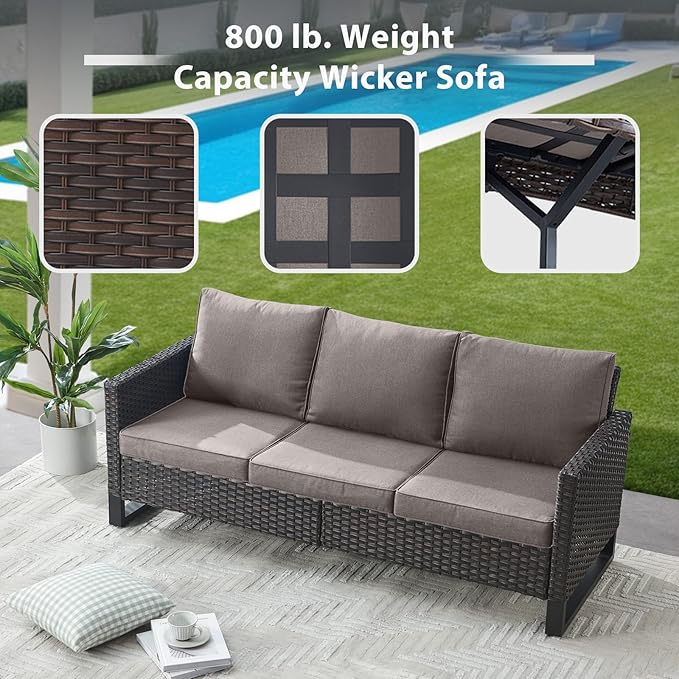 6 Piece Wicker Patio Furniture with Fire Pit Table - Outdoor Conversation Set with 50,000 BTU Fire Pit, All Weather Rattan Patio Set for Deck Backyard Garden - Brown Wicker Grey Cushion