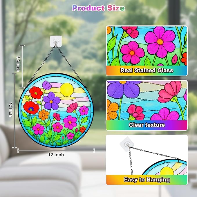 Stained Glass Window Hanging - Wildflowers Stain Glass for Indoor, Colorful Floral Suncatcher, Green Plant Decor for Balcony, Garden, Cottage,Birthday Gift for Women (12 Inch)