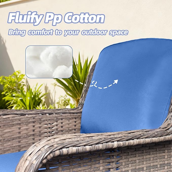 2 Pcs High Back Wicker Patio Chair Set with Ottoman, Outdoor Porch Chair with Thick Cushion for Balcony Deck Yard and Porch, Blue