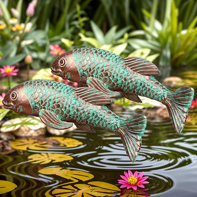 PaLuQiYa Garden Statues,Koi Fish Decor,Set of 2 Antique Koi Fish Garden Statue,Sculpture for Outdoors,Patio Decor,Backyard and Home Kitchen Decoration,Gifts for Mom Women Grandma