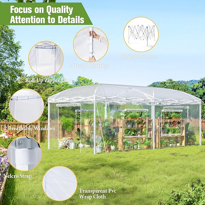 AMERLIFE 19.2×10×8.5 FT Pop-up Greenhouses for Outdoors Indoor with Adjustable Strong Frame, Movable Walk in Greenhouse with 2 Roll-up Zipper Doors, Windows and PE Cover, White
