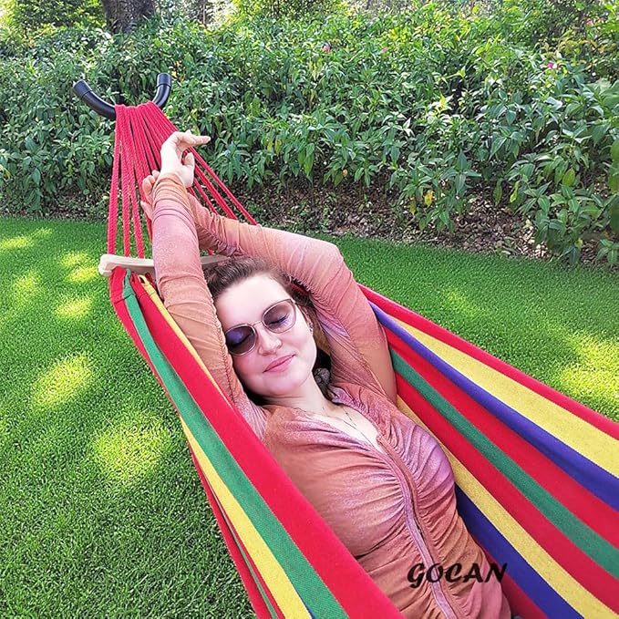 GOCAN Double Hammock 2 Person Large 220x160cm with Steel Stand and Removable Spreader bar Load 500lb, Canvas Cotton Hammocks for Patio Porch Garden Backyard Outdoor and Indoor,red
