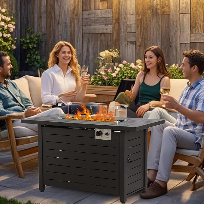 Fire Pit Table, 43" Outdoor Fire Pit Table, 50,000 BTU Gas Fire Table with Lid, Glass Wind Guard for Outside Garden Backyard Deck Patio