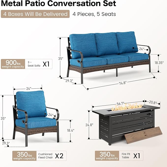 SUNSHINE VALLEY 4 Piece Black Metal Outdoor Patio Furniture Sets with Firepit Table, Patio Conversation Sets 1 3-Seater Sofa, 2 Single Sofa with 5.75" Thick Cushion Backyard Furniture for Deck, Blue-2