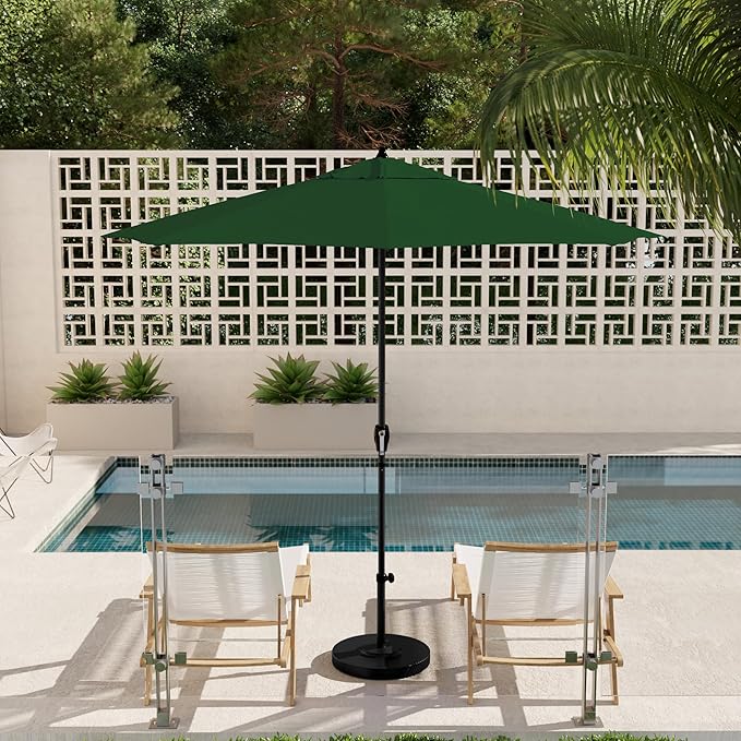 California Umbrella 9' Rd Aluminum Patio Umbrella, Crank Lift, Auto Tilt, Black Finish, Sunbrella Forest Green