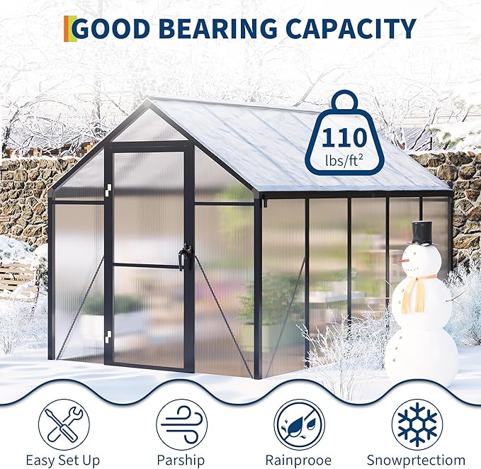 6 x 10 ft Greenhouse, Greenhouses for Outside, Polycarbonate Greenhouse with Aluminum Frame, Lockable Door and Ajustable Roof Vent for Backyard, Green Houses for Outside Garden Backyard, Patio