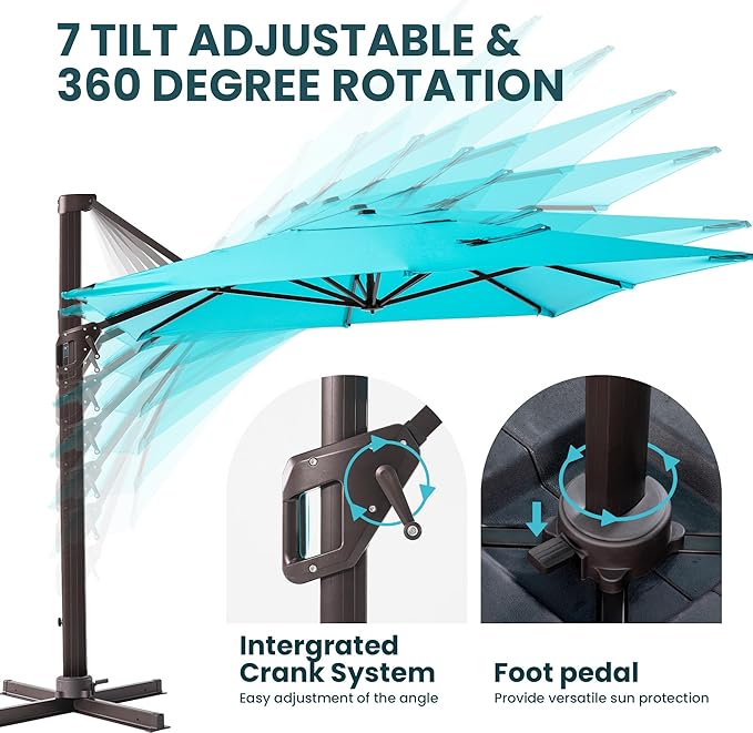 9' X 12' Cantilever Patio Umbrella Rectangular Outdoor Large Offset Umbrellas with 7 Tilts Adjustable 360°Rotation for Deck Pool Garden Backyard, Turquoise
