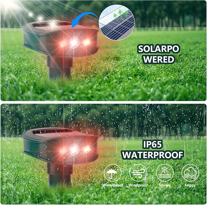 4 Pack 2025 Upgraded Solar Ultrasonic Animal Repellent Outdoor – Motion Activated Deer, Squirrel, Cat, Raccoon, Dog & Bird Deterrent with Multi-Frequency LED Strobe & Ultrasonic Sweep for Yard Lawn