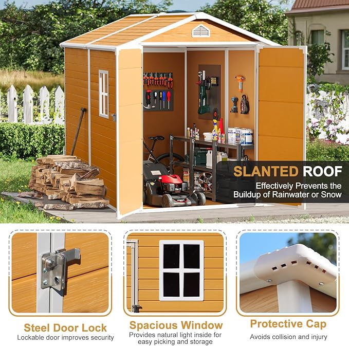 Plastic Sheds 6x8 Resin Outdoor Storage with Floor Included, Waterproof Lockable Garden Shed Tool Cabinet Brown