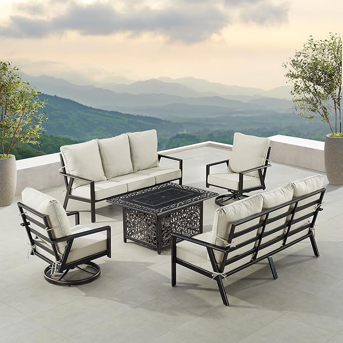 Oakland Living Black Aluminum Patio Fire Table Set with Two Deep Seating Sofa with Cushions and Two Club Chairs with Light Grey Cushions