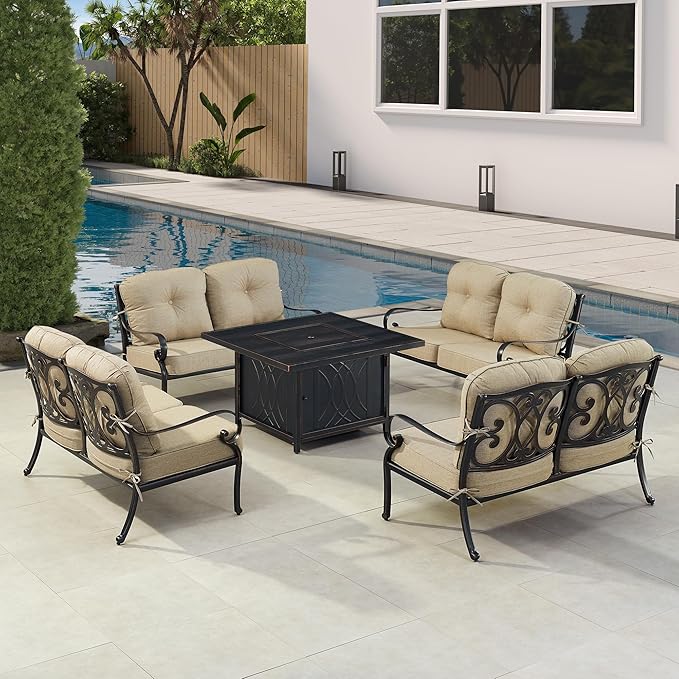 Oakland Living Black Aluminum Patio Fire Table Set with Four Deep Seating Loveseat, Cushions and Wind Blocker