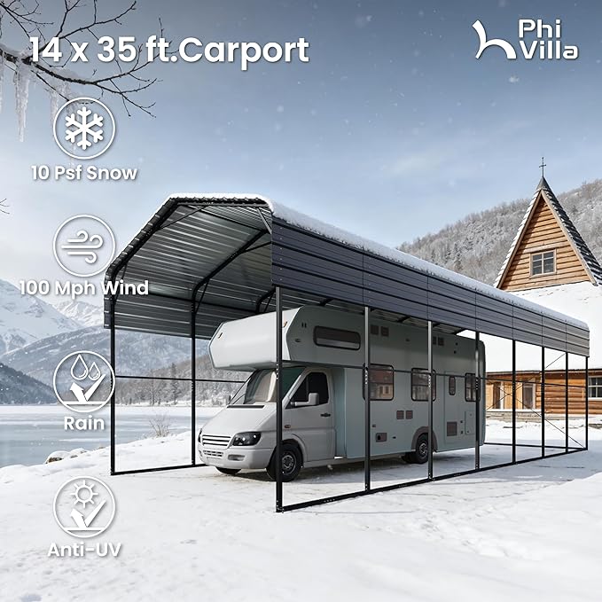 PHI VILLA 35 x 14 ft Heavy Duty Metal Carport with Galvanized Steel Roof for RVs, Cars, Boats, and Tractors