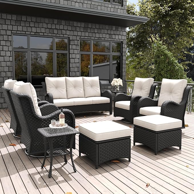LayinSun 9 Pieces Outdoor Patio Furniture Set, Rattan Wicker Sectional Swivel Rocker Chairs Sets with Ottomans, Swivel Glider Chairs and Coffee Table