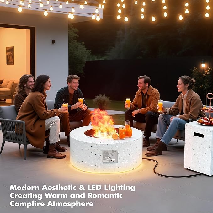 30" Round Propane Fire Pit Table - 50K BTU with Lid, Rocks Tank Storage and Cover - Round Gas Fire Pits for Outside Patio - Outdoor Table with Firepit (White/Golden Light, 30" Round)
