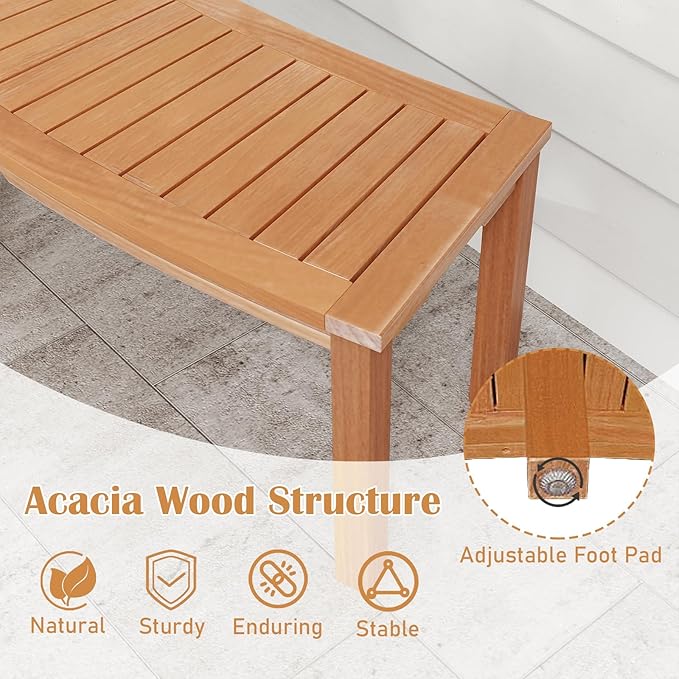 RELAX4LIFE Wooden Outdoor Curved Bench - Acacia Wood Garden Bench w/Slatted Seat, 2-Person Outside Backless Seating for Porch Backyard Deck Park, 800 LBS Load Capacity, Patio Fire Pit Bench (1, 58'')