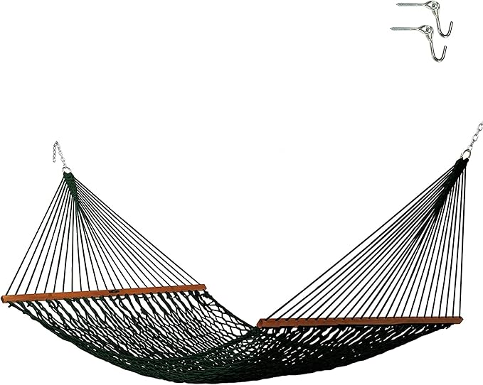 Original Pawleys Island Deluxe Green DuraCord Rope Hammock – 13 ft. x 60 in., 2-Person, 450 lb Capacity, Oak Spreader Bar, Zinc-Plated Hardware, Handcrafted in The USA