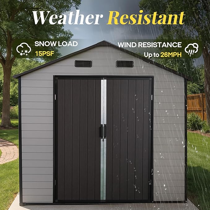 8x14 FT Resin Storage Sheds Outdoor with Floor Included, Plastic Sheds & Outdoor Storage Clearance with 2 Windows and Lockable Door, Backyard Storage Sheds for Garden Tools, Brown+White