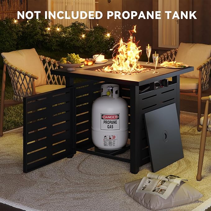 Aoxun 28" Propane Fire Pit Table Ceramic Top, 50000 BTU Outdoor Patio Heater with Lava Rocks, Rectangle Gas Fire Pits for Outside Patio with Removable Lid, Black