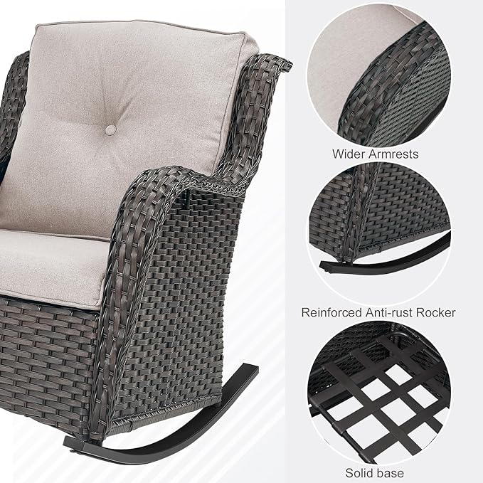 Patio Rocking Chairs Set of 2, Wicker Outdoor Rocking Chairs, Outdoor Gliders Patio Rockers for Porch, Deck, Yard, Sunroom, Garden, Brown Wicker/Beige Cushion