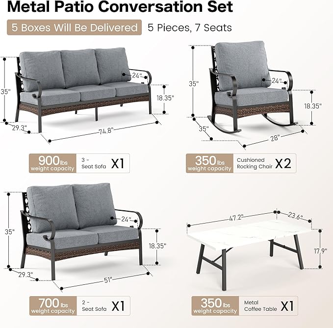 SUNSHINE VALLEY 5 Piece Metal Outdoor Patio Furniture Set, Patio Conversation Sets 3-Seater Sofa, 2-Seater Sofa, 2 Rocking Sofa with 5.75" Thick Cushion & Coffee Table Black Backyard Furniture, Gray