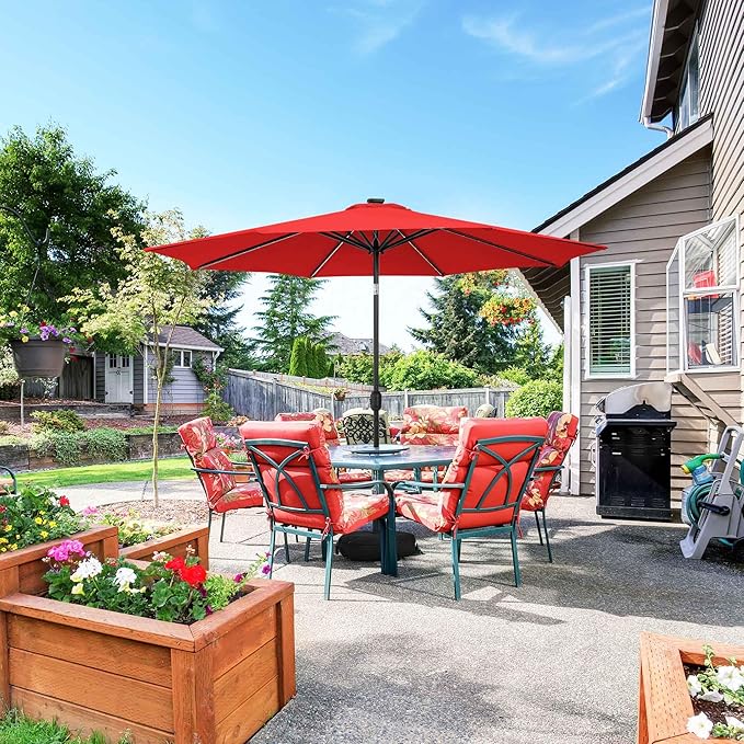 Sundale Outdoor Olefin 5-Year-Non-Fading Solar 104 LED 11FT Solar Patio Umbrella with Sand Bag Base, Outdoor Umbrella with Tilt and Crank, Red