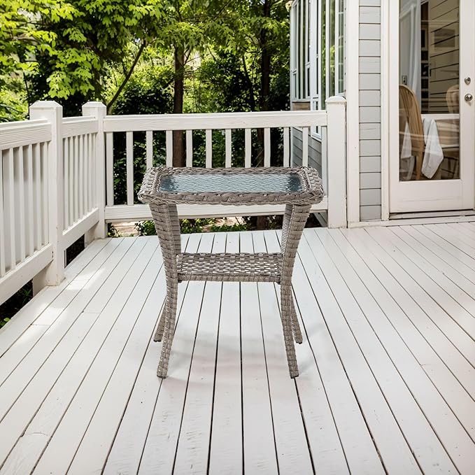 Belord Handwoven Wicker Side Table - 20 Inch Small Outdoor Table 2 Tier Storage with Tempered Glass Top, All Weather Outdoor Patio End Tables for Deck Balcony Outside Gray